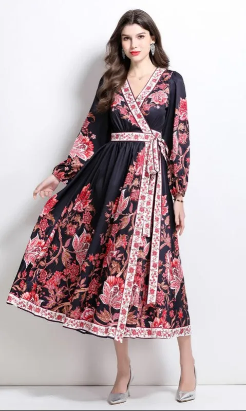 V-Neck Long-Sleeve Floral-Print Casual Wrap Dress sold by PromGirl