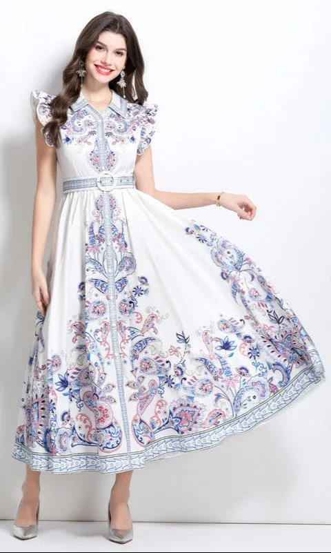 Multi-Color Paisley Print Belted Maxi Dress sold by PromGirl