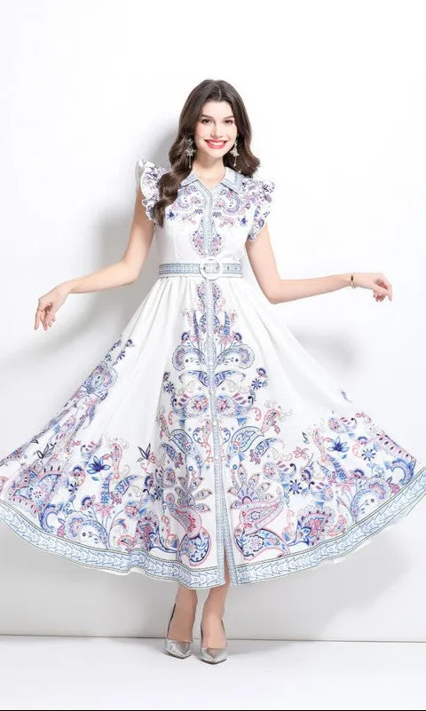 Multi-Color Paisley Print Belted Maxi Dress sold by PromGirl product image thumbnail 3