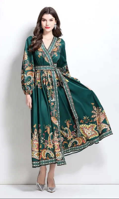 Long-Sleeve Paisley-Print Casual Maxi Wrap Dress sold by PromGirl