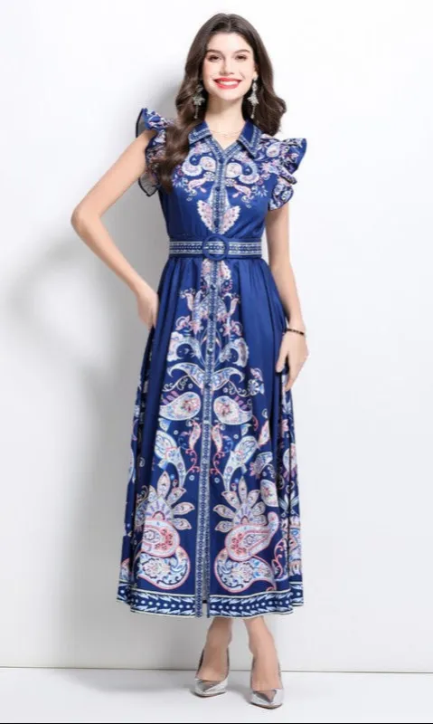 Navy Blue Paisley Print Casual Maxi Dress sold by PromGirl