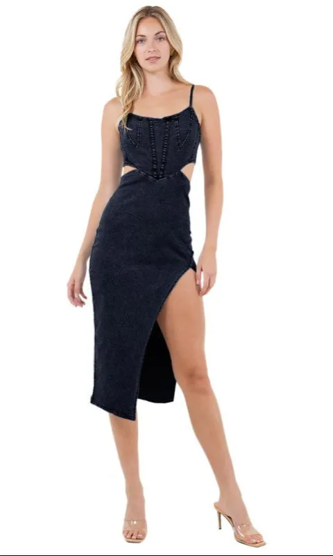 Cut-Out Casual Black Denim Midi Dress sold by PromGirl