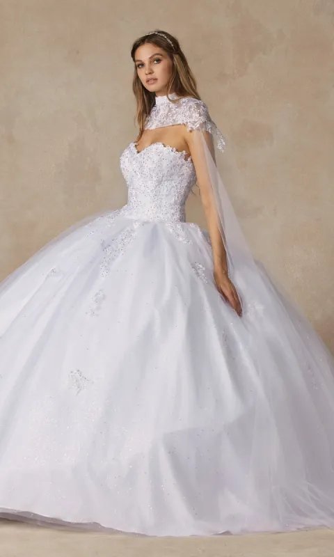 Juliet 1440 White Quinceañera Dress with Arms Cape sold by PromGirl
