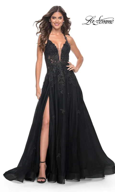 La Femme Embroidered-Lace Long Prom Gown 32022 sold by PromGirl