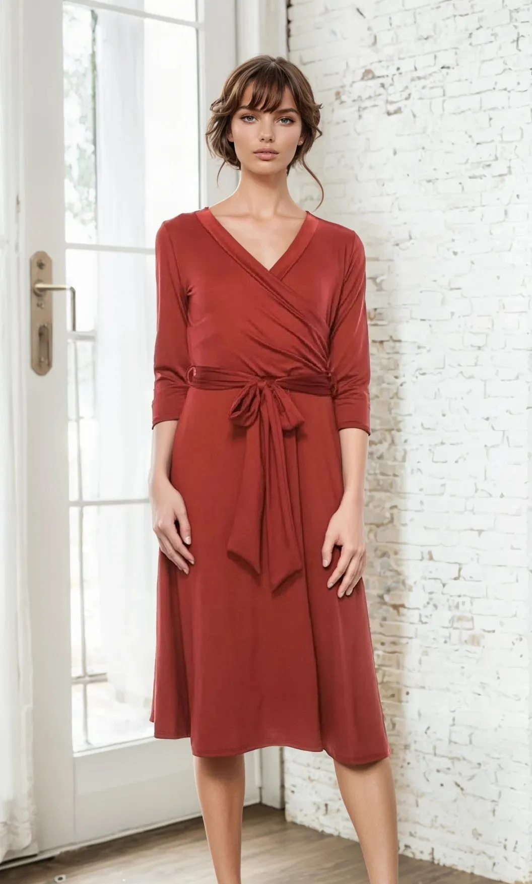 Faux-Wrap Casual Short Dress with Sleeves sold by PromGirl