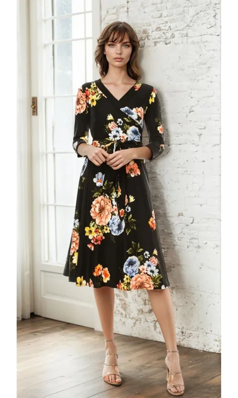 Black Floral Print Faux-Wrap Casual Dress sold by PromGirl