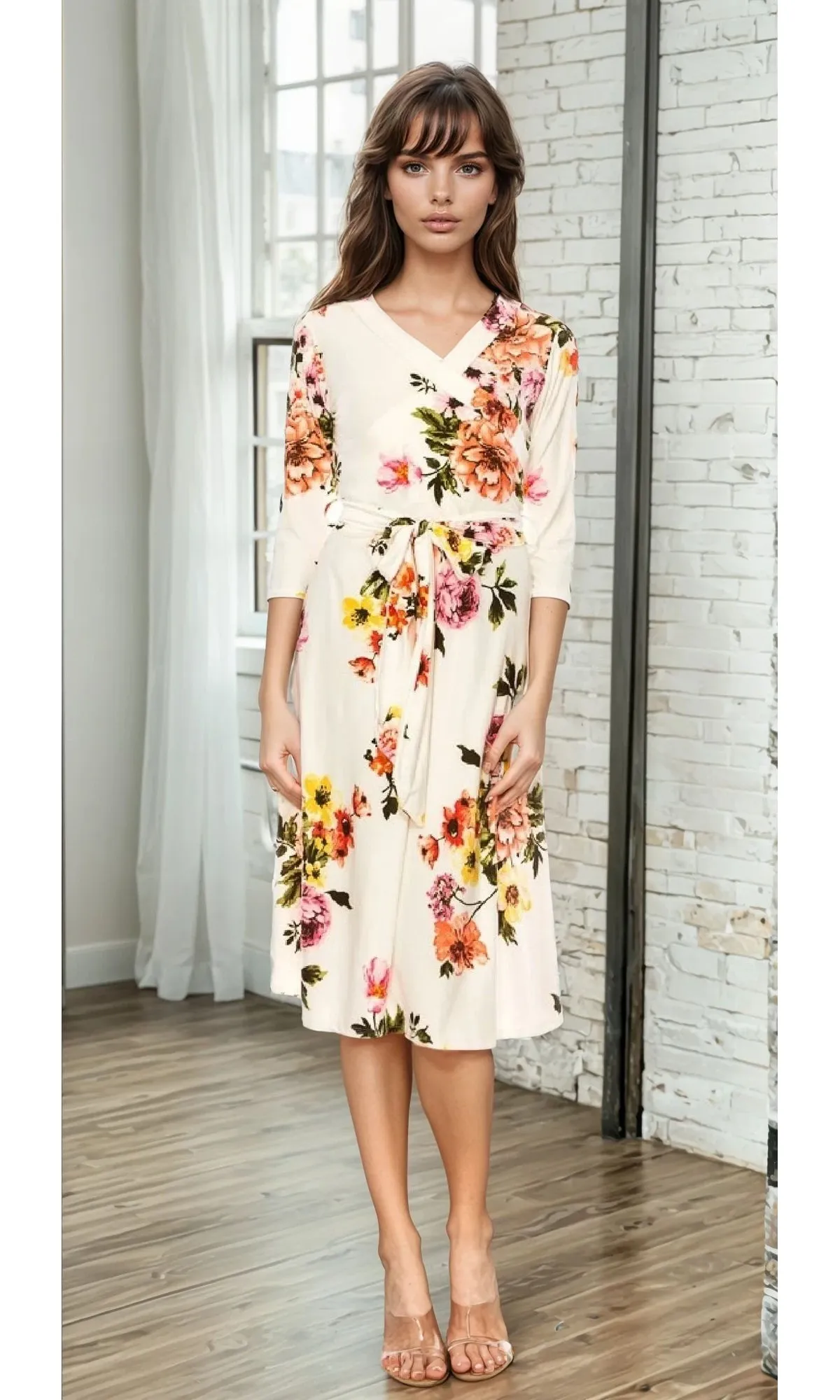 Floral Print Faux-Wrap Knee-Length Casual Dress sold by PromGirl