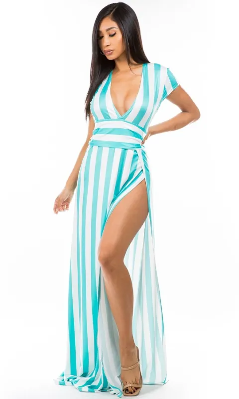 Striped V-Neck Cap-Sleeve Long Maxi Summer Dress sold by PromGirl