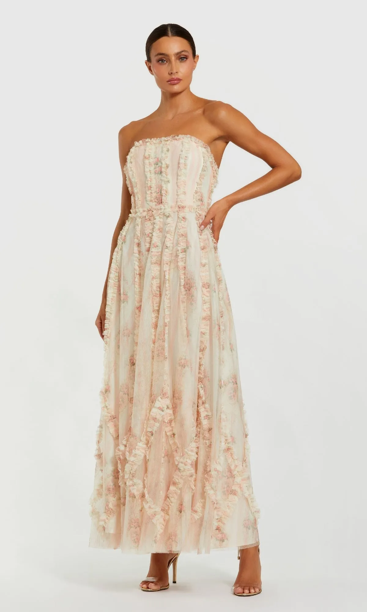 Strapless Print Midi Party Dress: Mac Duggal 8308 sold by PromGirl