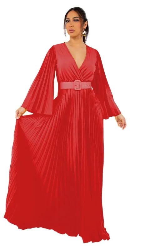 Pleated Long-Sleeve Red Casual Maxi Dress sold by PromGirl