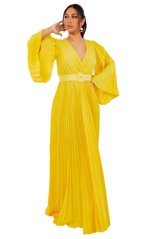 Bell-Sleeve Yellow Pleated Casual Maxi Dress sold by PromGirl