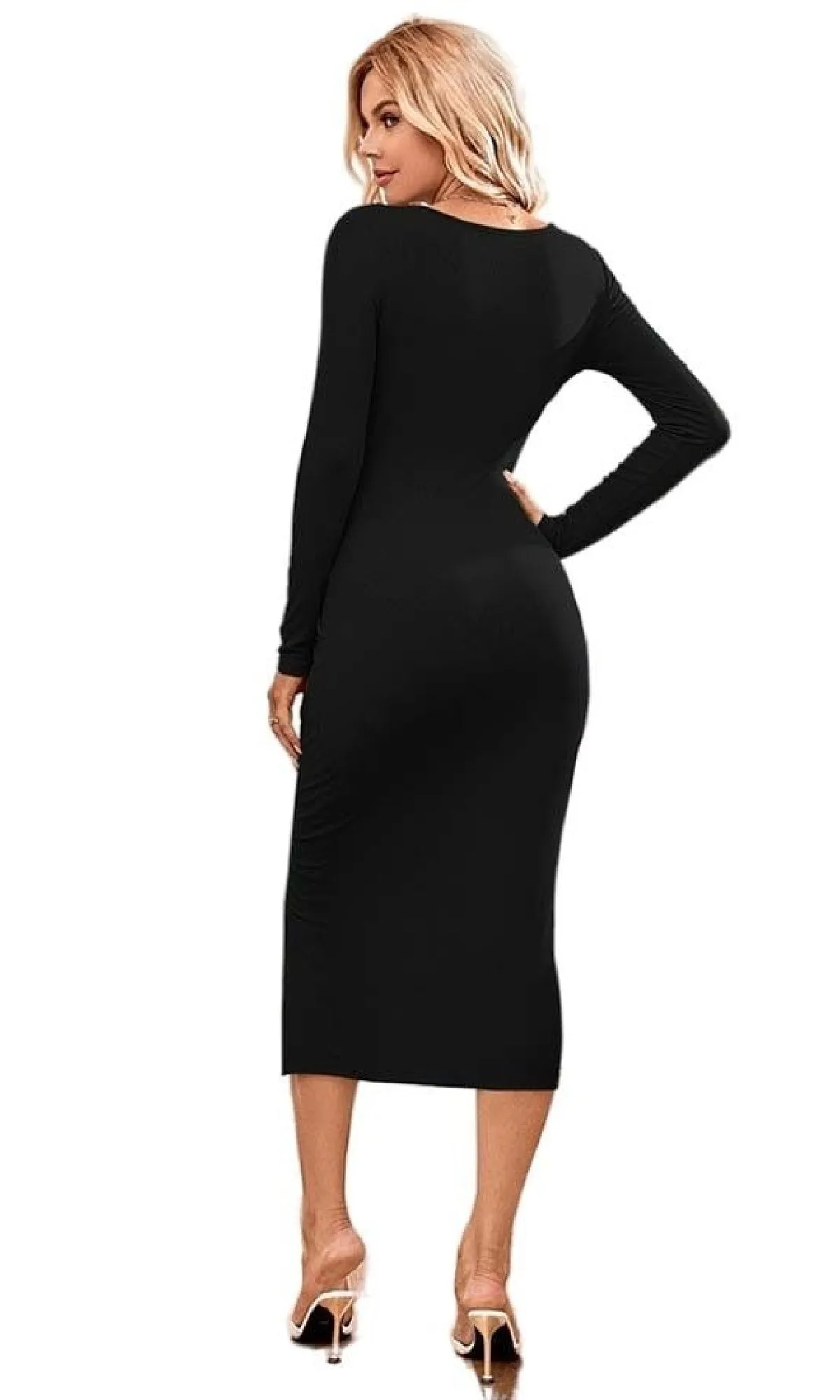Black Front Cut-Out Midi Dress with Long Sleeves sold by PromGirl product image thumbnail 2
