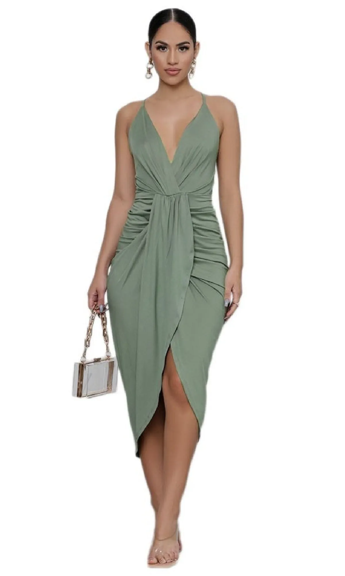 Sage Green V-Neck Short Party Dress sold by PromGirl