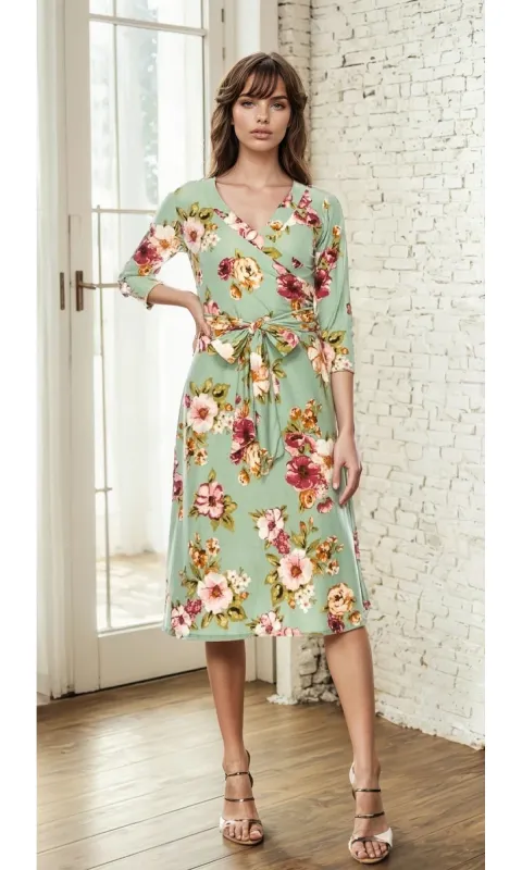 Sage Green Floral Print Faux-Wrap Casual Dress sold by PromGirl