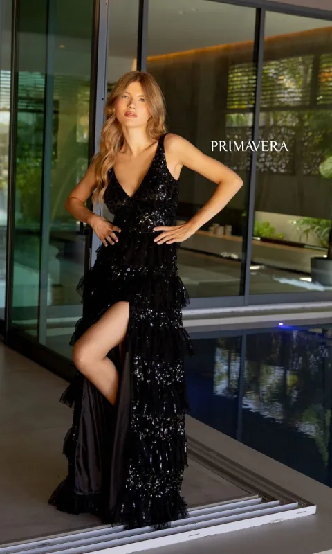 Primavera Tiered Long Beaded Prom Dress 4142 sold by PromGirl