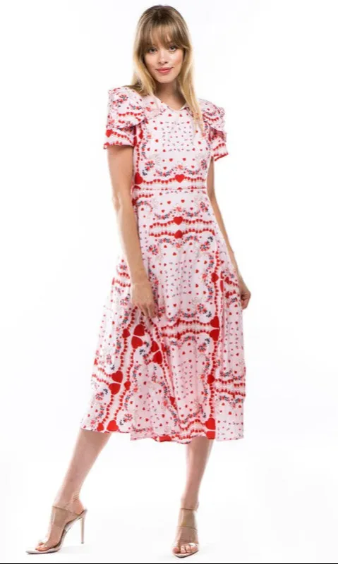 Short Sleeve Red and Pink Print Midi Dress sold by PromGirl