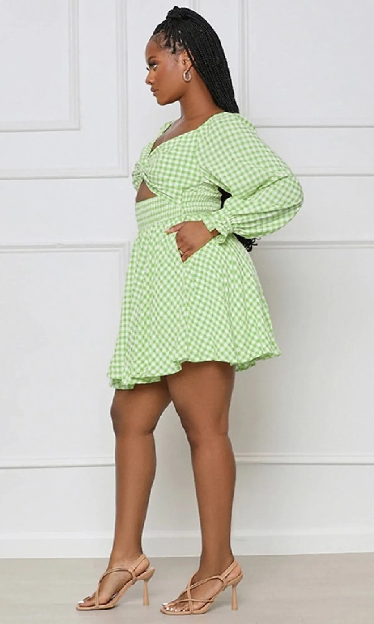 Long-Sleeve Short Casual Gingham Print Dress sold by PromGirl product image thumbnail 5