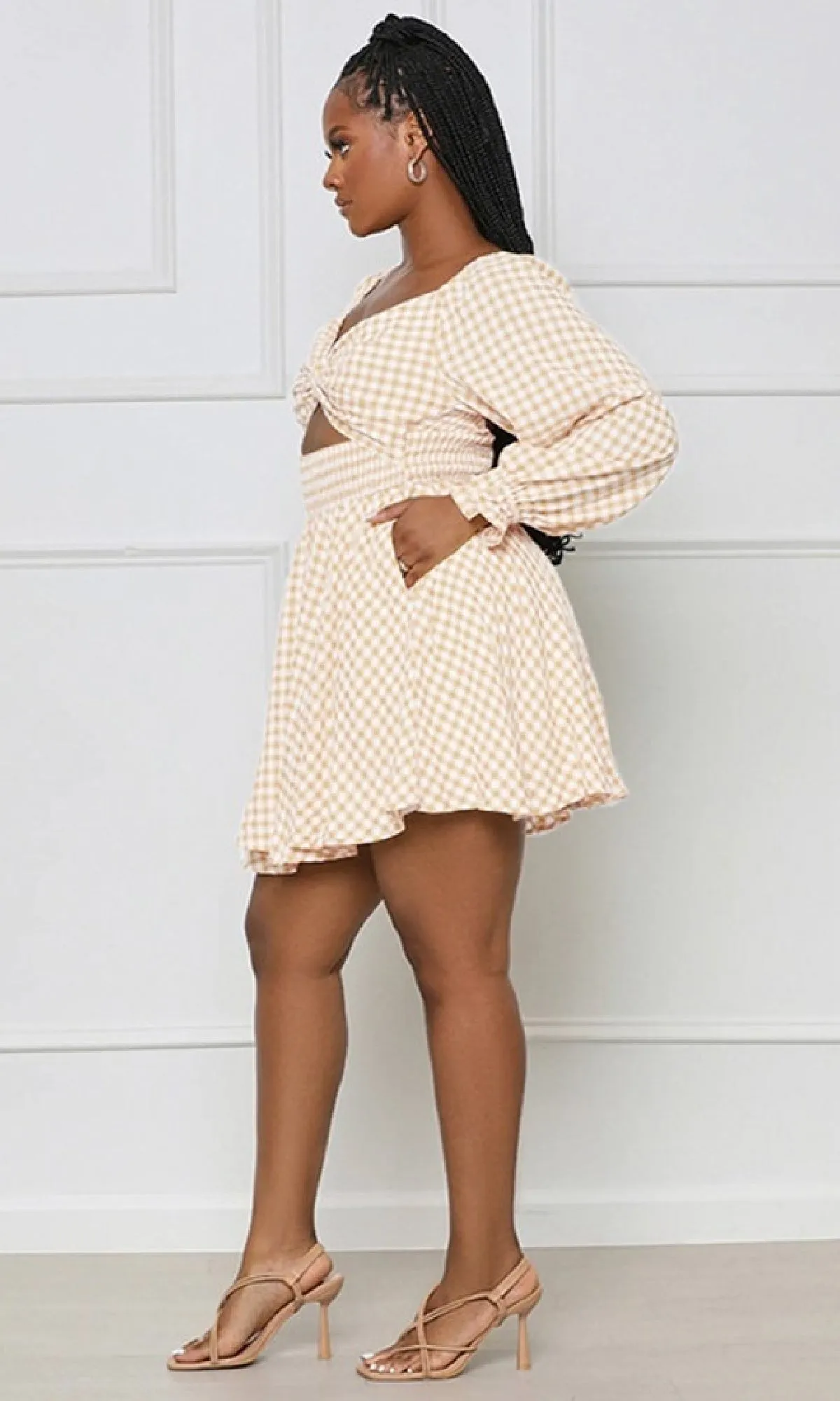 Long-Sleeve Short Casual Gingham Print Dress sold by PromGirl product image thumbnail 4