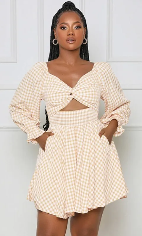 Long-Sleeve Short Casual Gingham Print Dress sold by PromGirl