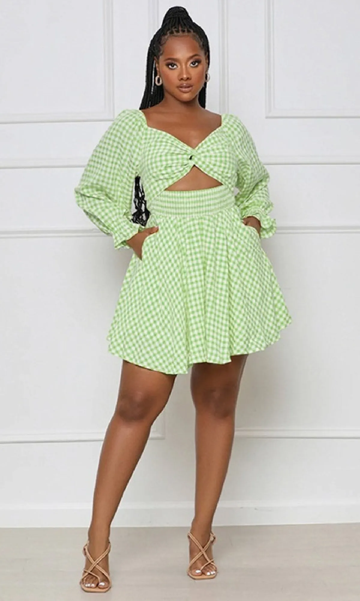 Long-Sleeve Short Casual Gingham Print Dress sold by PromGirl product image thumbnail 3