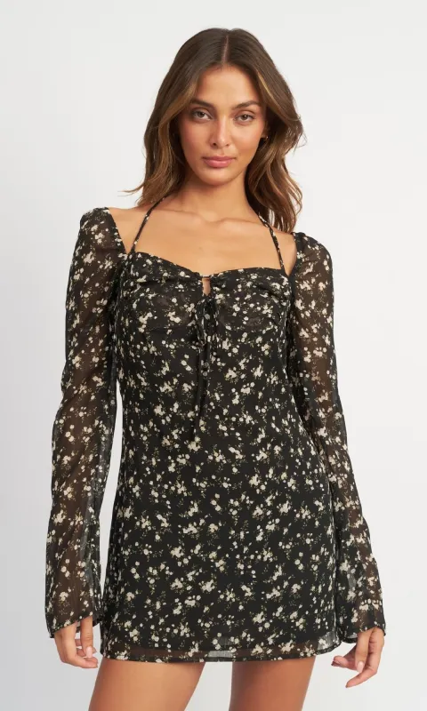Long Sleeve Short Casual Black Floral Dress sold by PromGirl