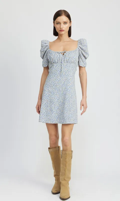 Short Puff-Sleeve Blue Floral Casual Dress sold by PromGirl