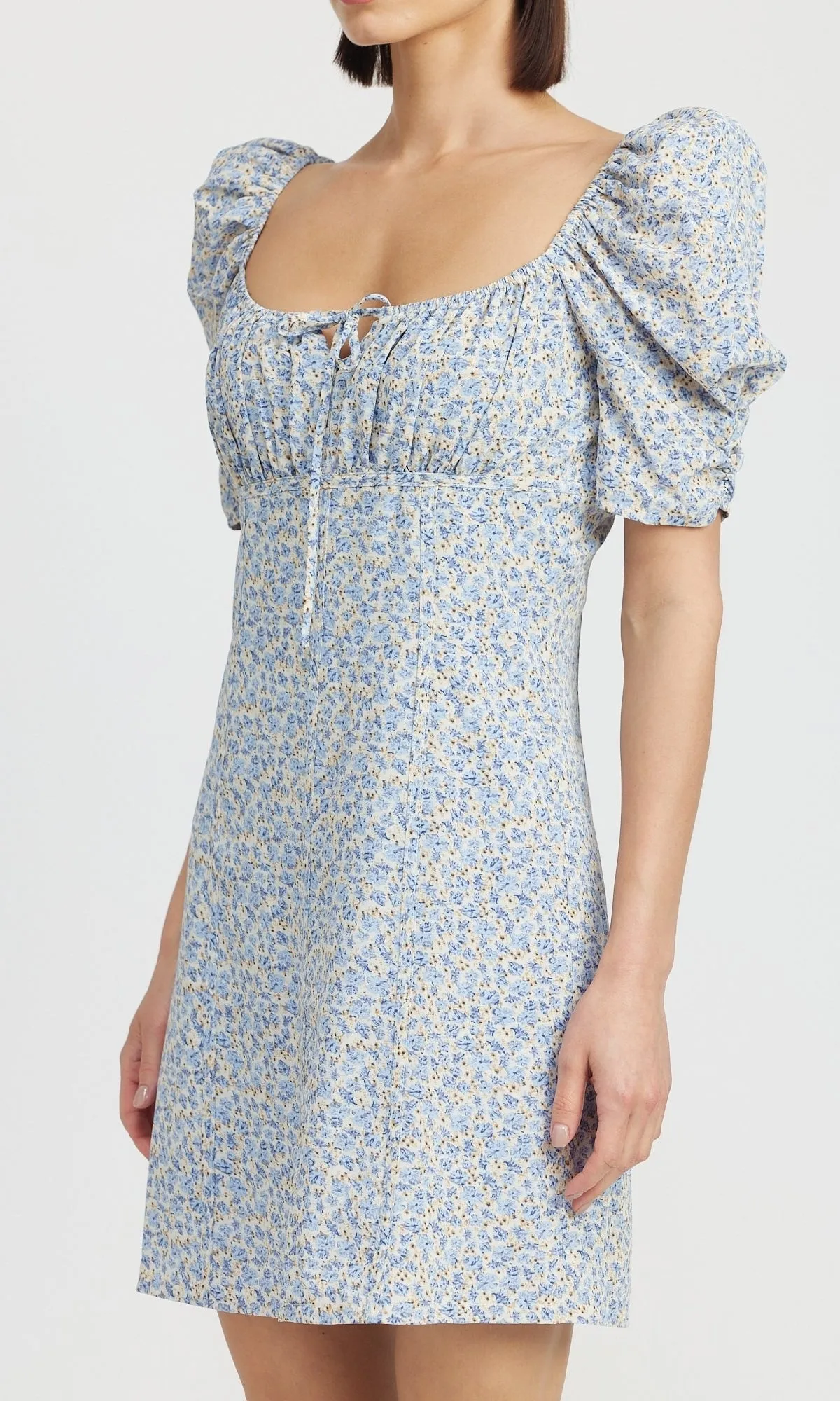 Short Puff-Sleeve Blue Floral Casual Dress sold by PromGirl product image thumbnail 3
