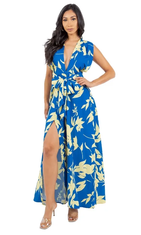 Blue Print Long Wrap Casual Maxi Dress sold by PromGirl