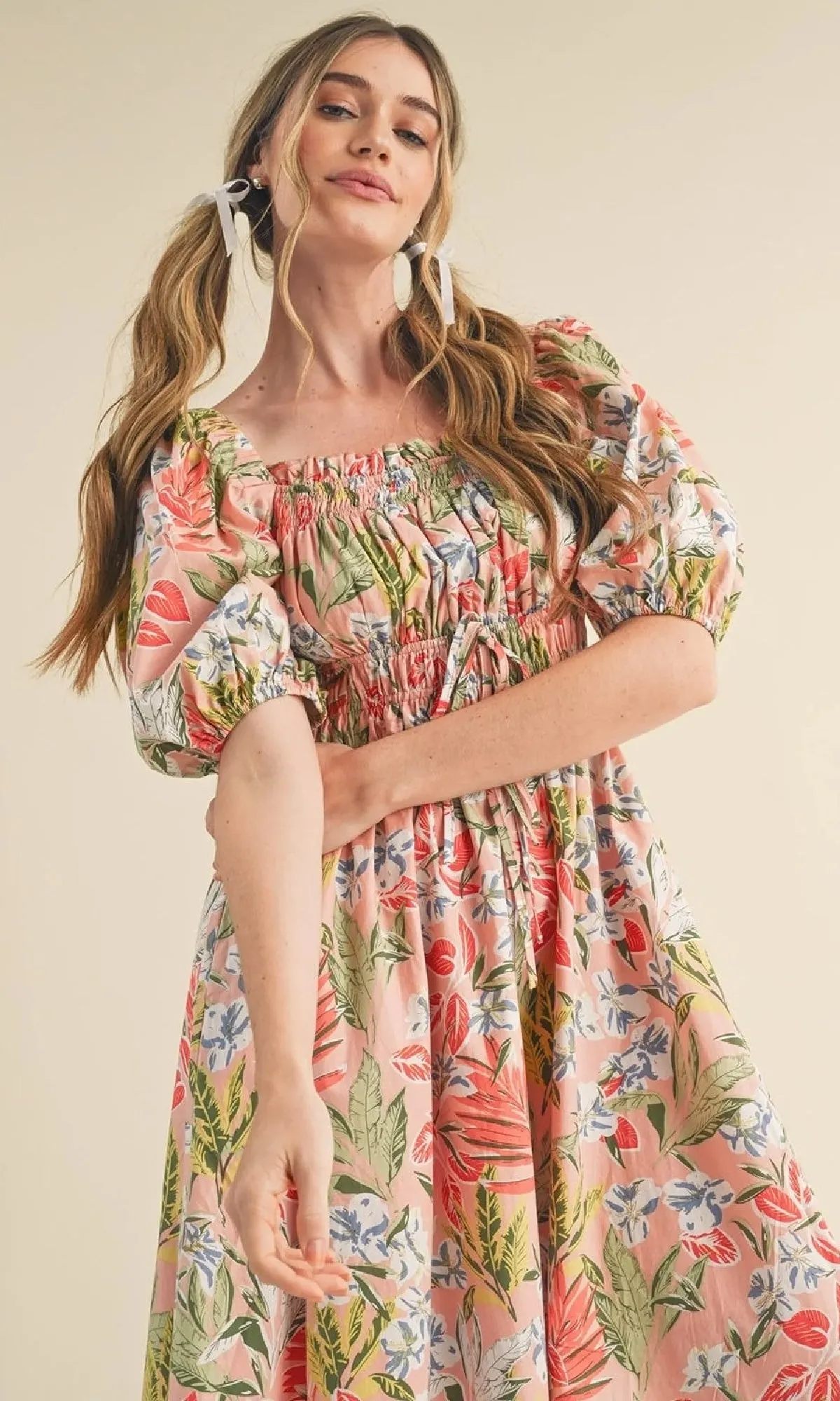 Smocked Short-Sleeve Floral Casual Midi Dress sold by PromGirl product image thumbnail 4