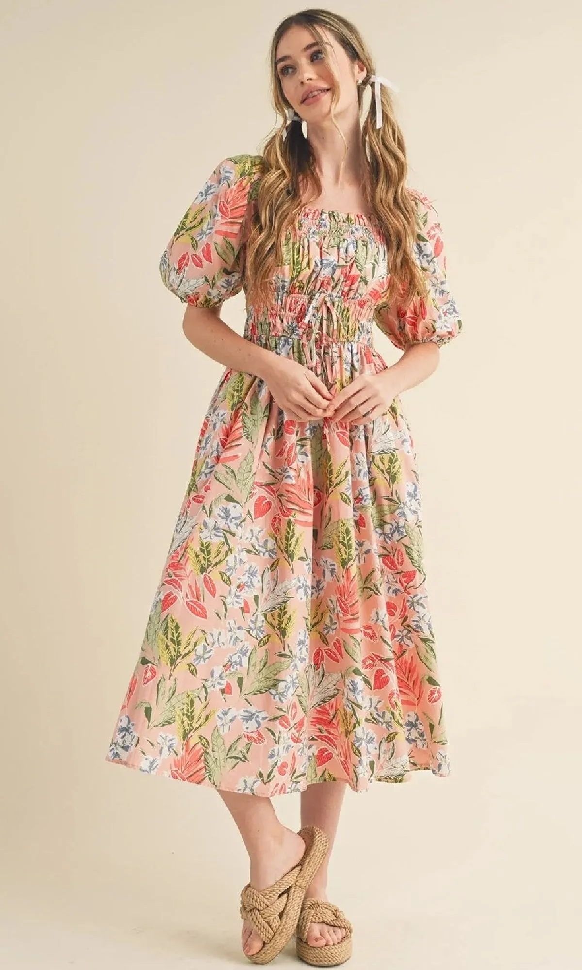 Smocked Short-Sleeve Floral Casual Midi Dress sold by PromGirl product image thumbnail 3