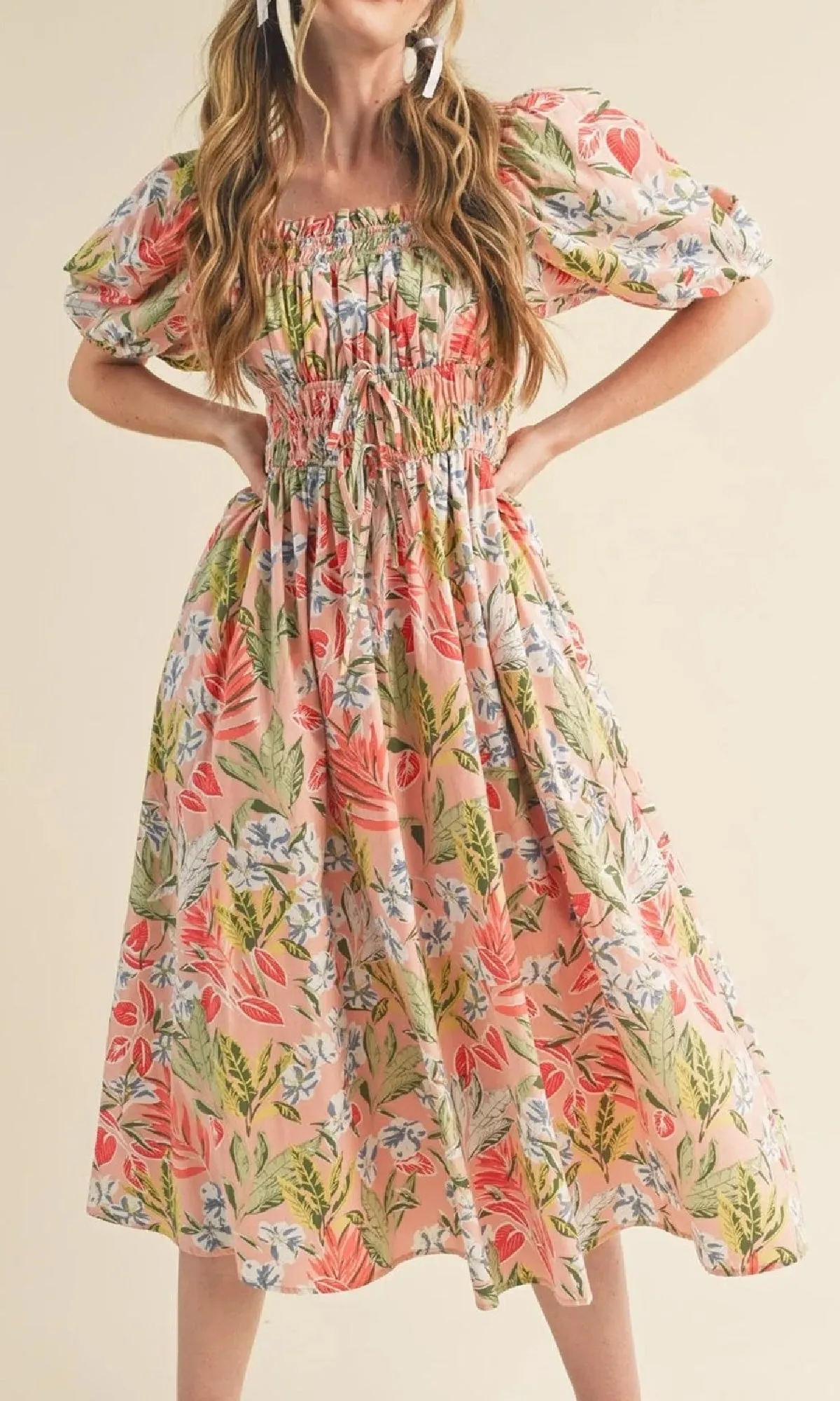 Smocked Short-Sleeve Floral Casual Midi Dress sold by PromGirl product image thumbnail 5