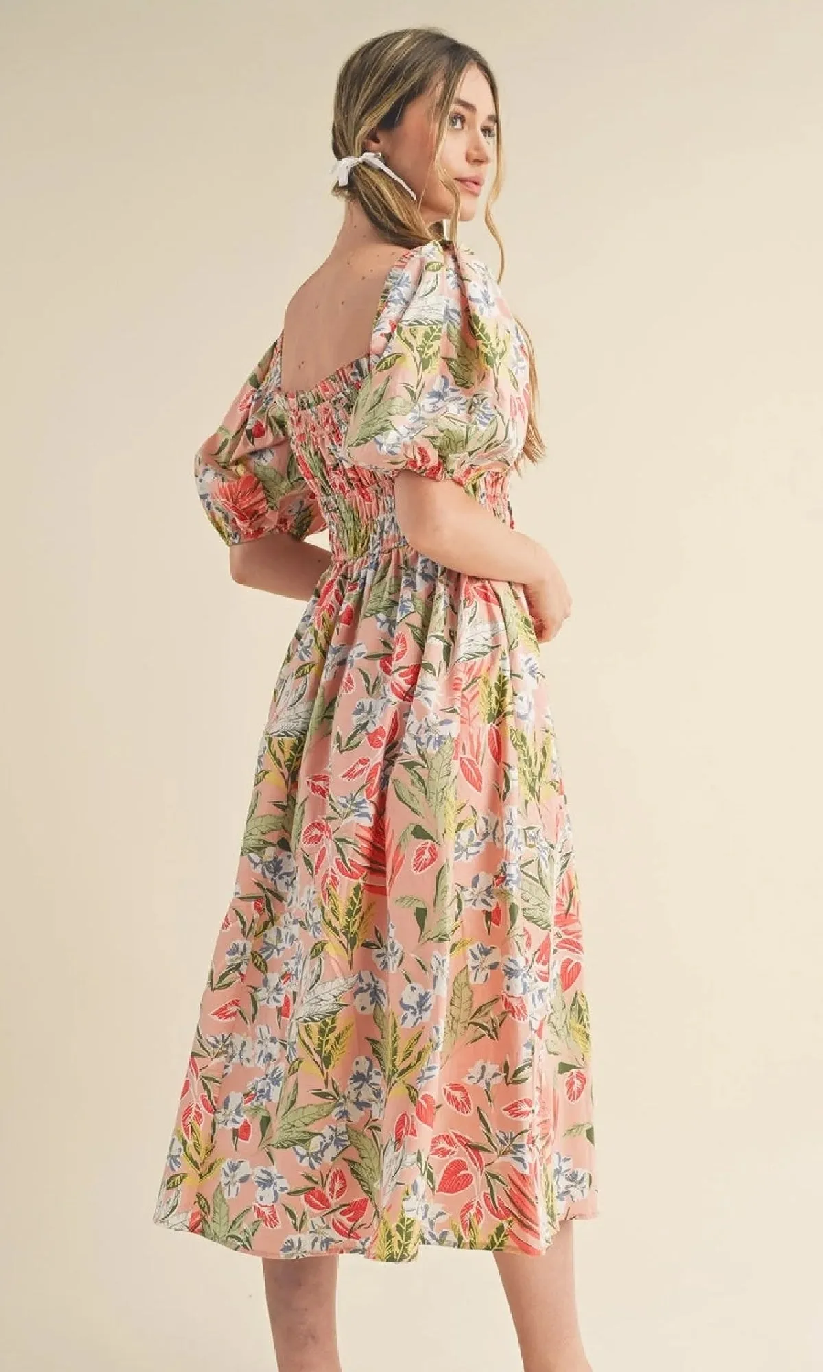 Smocked Short-Sleeve Floral Casual Midi Dress sold by PromGirl product image thumbnail 2