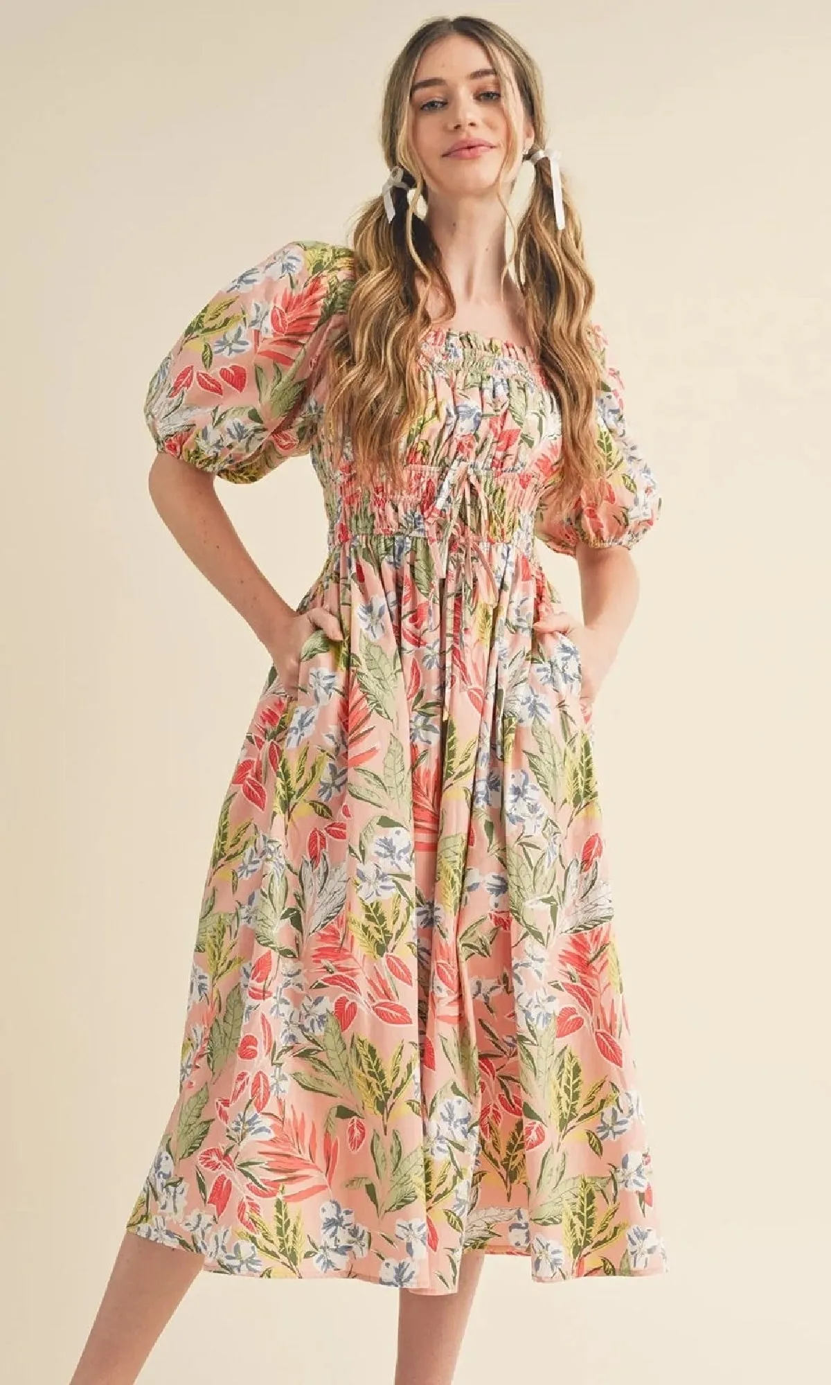 Smocked Short-Sleeve Floral Casual Midi Dress sold by PromGirl