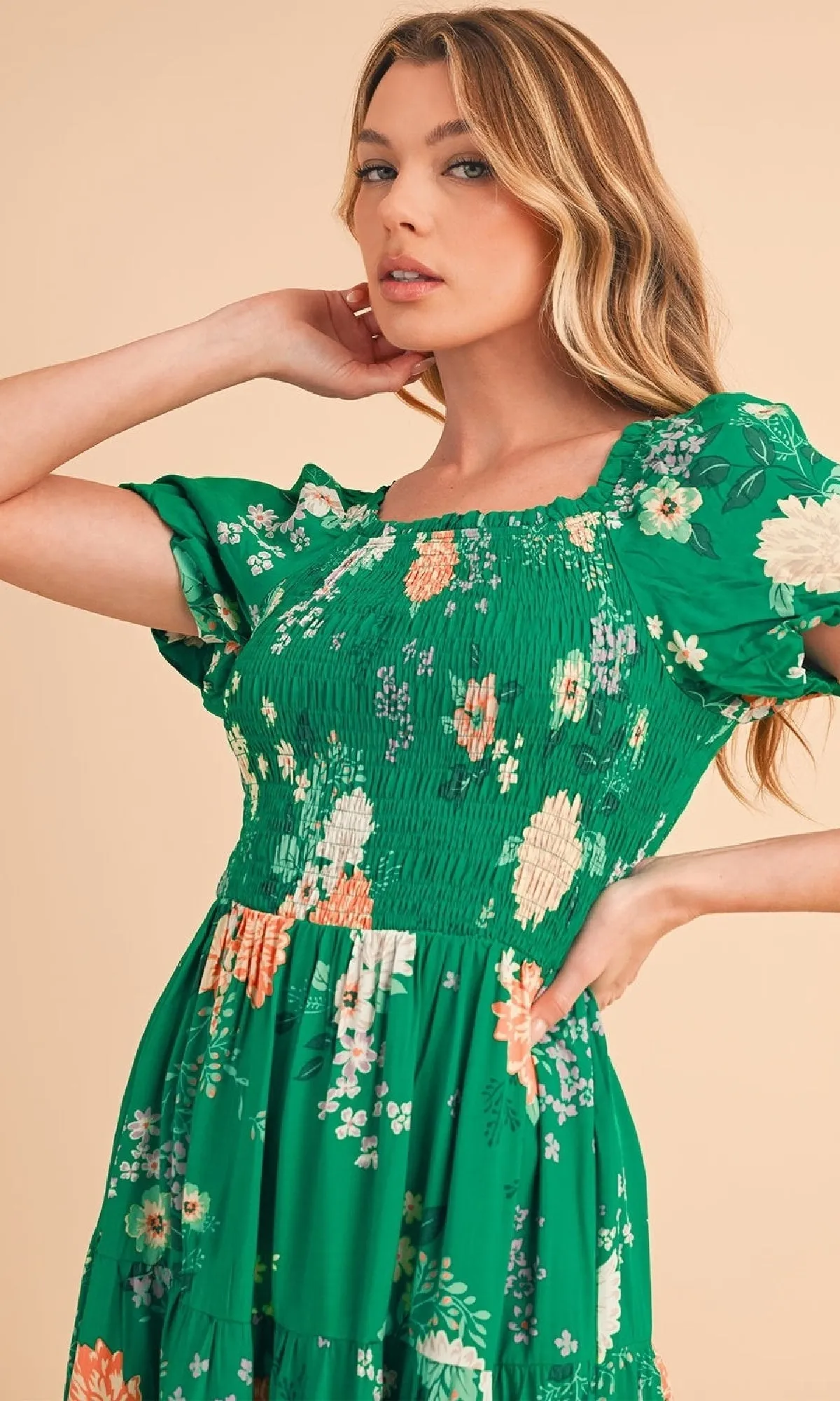 Smocked Green Floral Casual A-Line Dress sold by PromGirl product image thumbnail 5