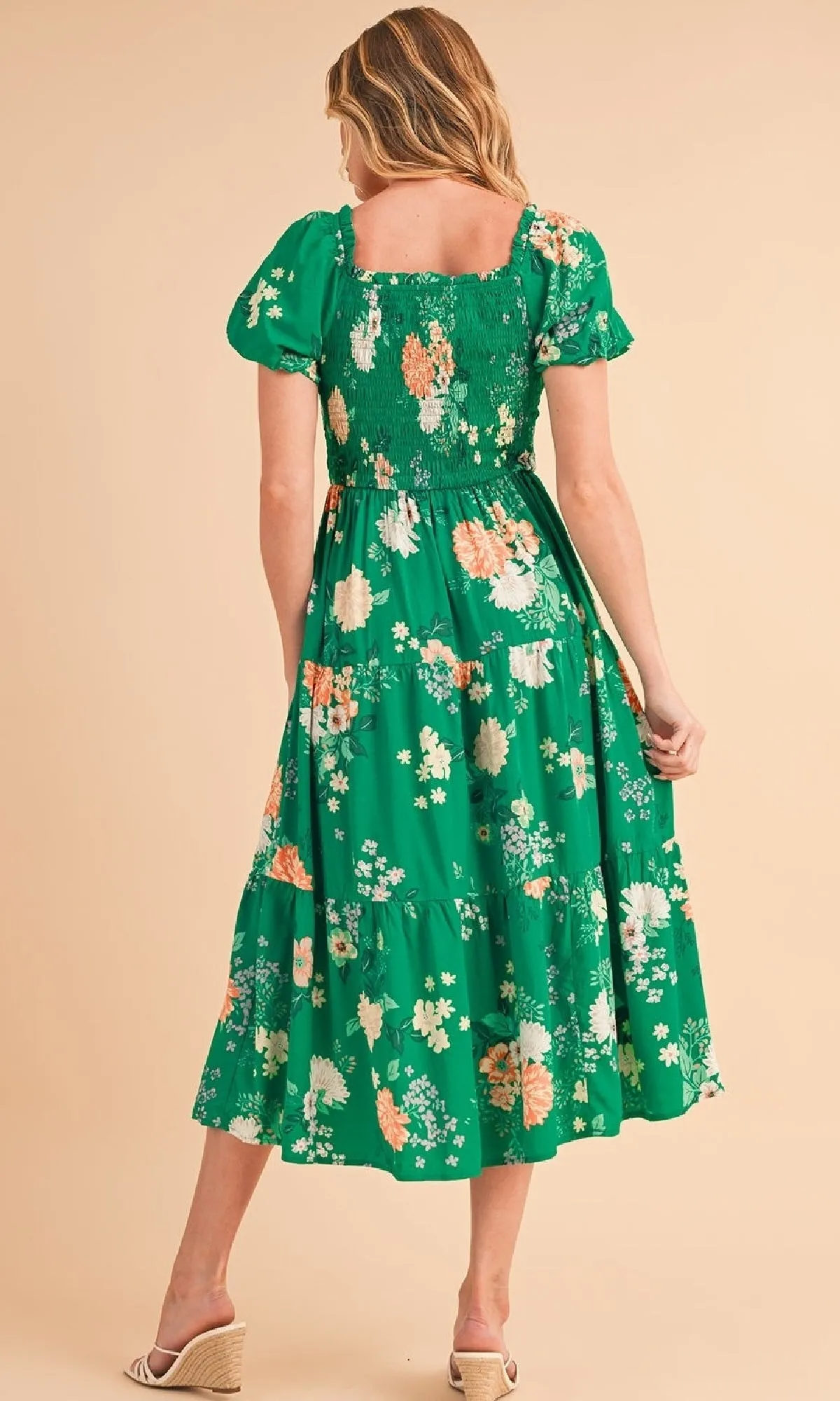 Smocked Green Floral Casual A-Line Dress sold by PromGirl product image thumbnail 2