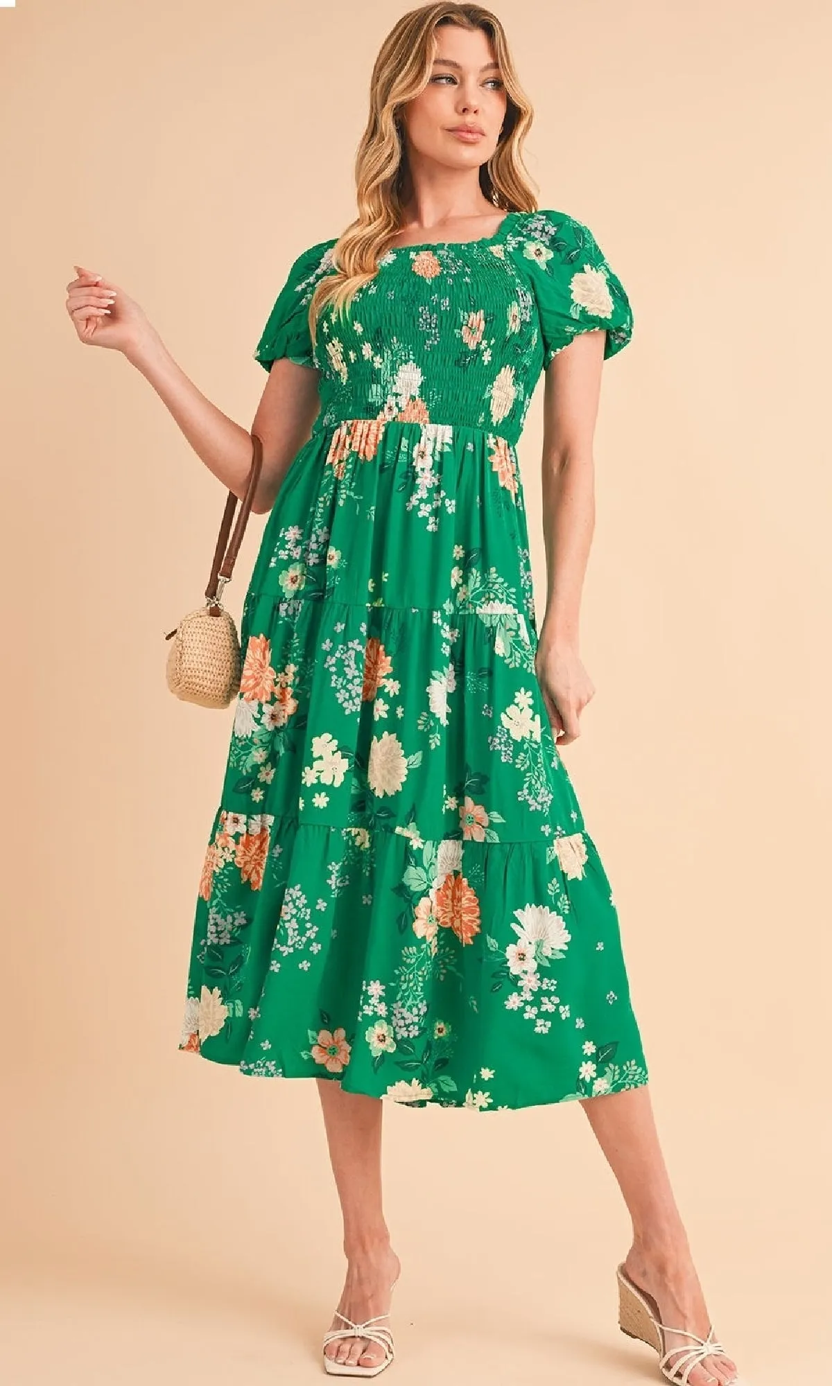 Smocked Green Floral Casual A-Line Dress sold by PromGirl product image thumbnail 3