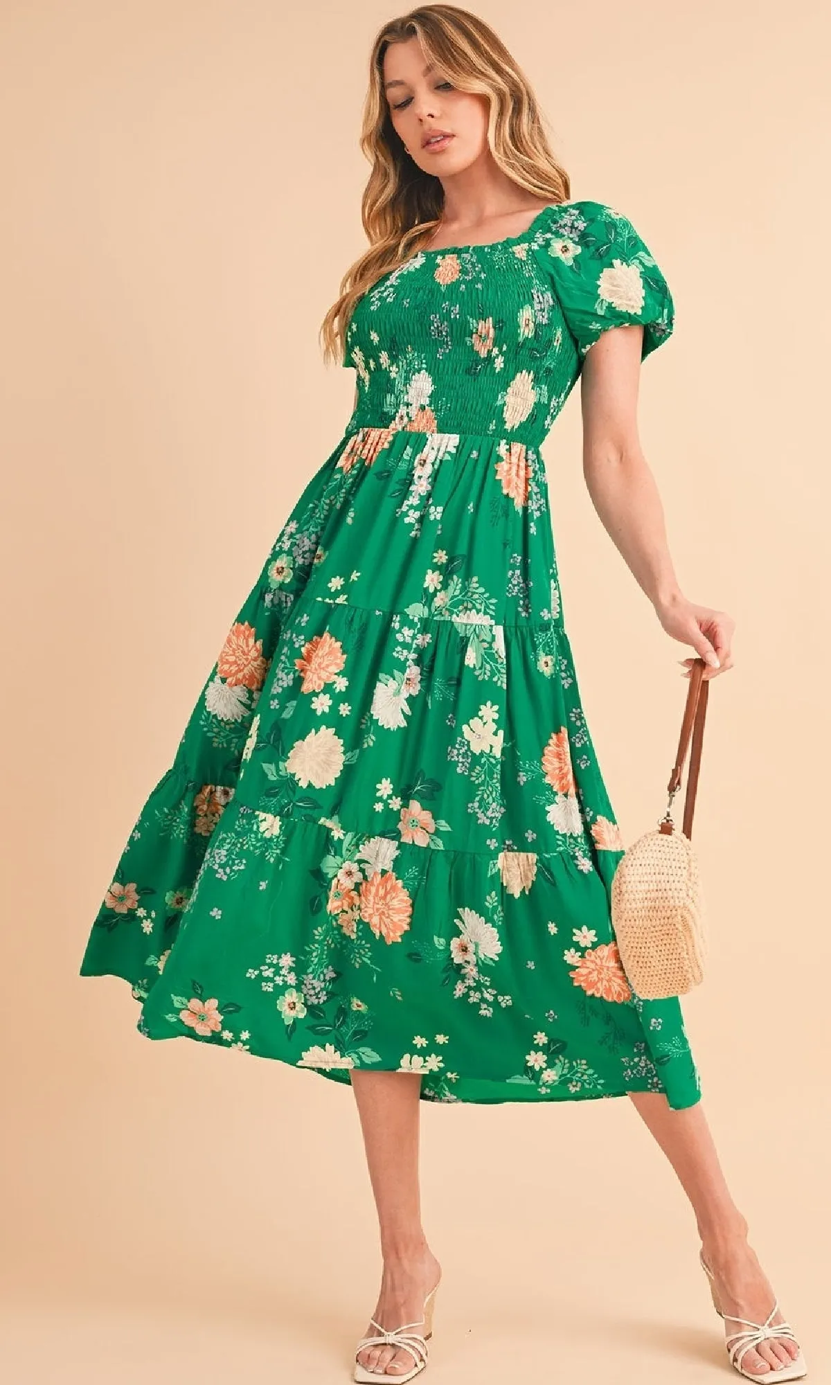 Smocked Green Floral Casual A-Line Dress sold by PromGirl