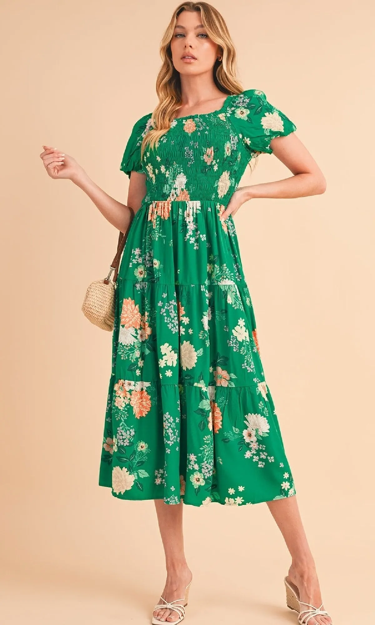 Smocked Green Floral Casual A-Line Dress sold by PromGirl product image thumbnail 4
