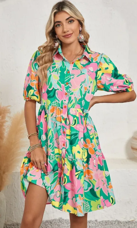 Bright Floral Print Short Casual A-Line Summer Dress sold by PromGirl