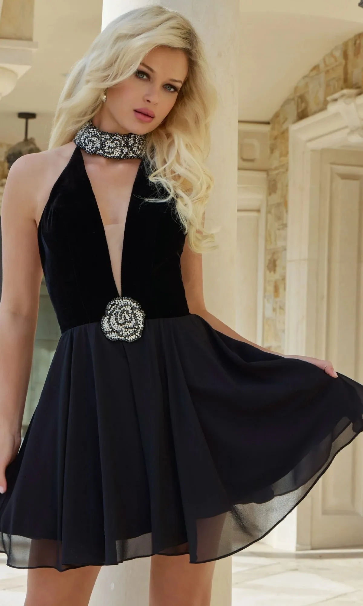 Bead-Choker Short Halter Hoco Dress: Jovani 45368 sold by PromGirl