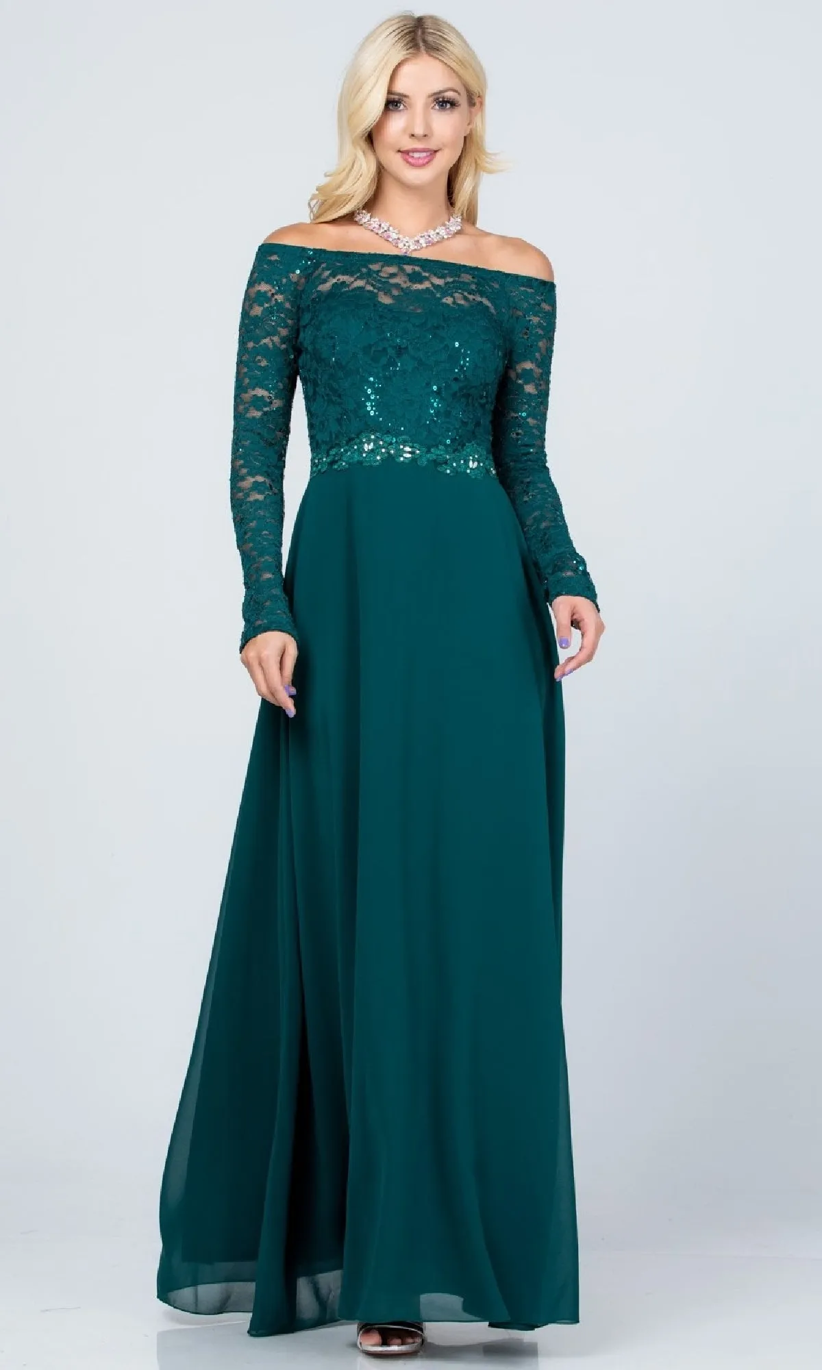 Long A-Line Lace-Bodice Plus-Size Formal Dress sold by PromGirl product image thumbnail 5
