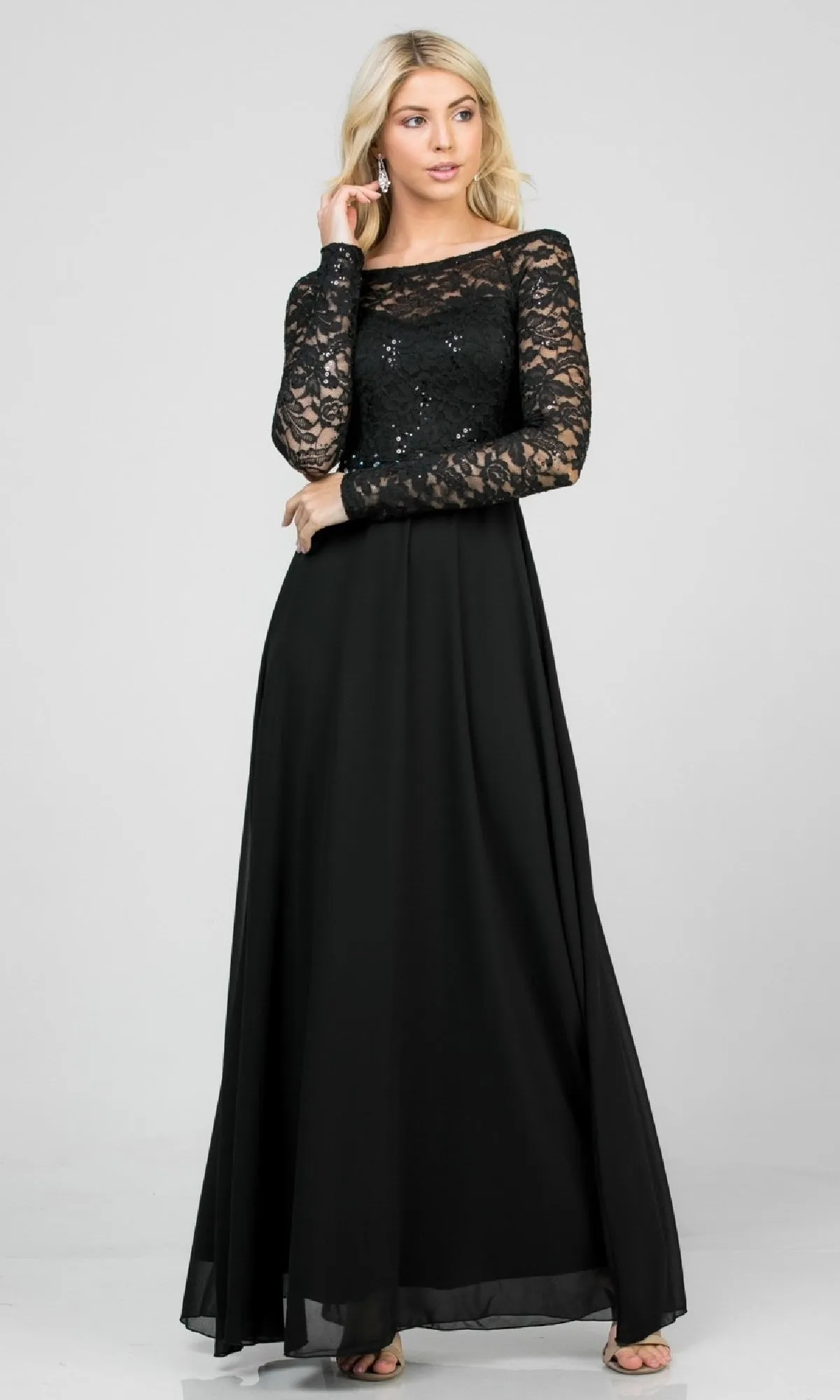 Long Sleeve Lace-Bodice Long A-Line Formal Dress sold by PromGirl