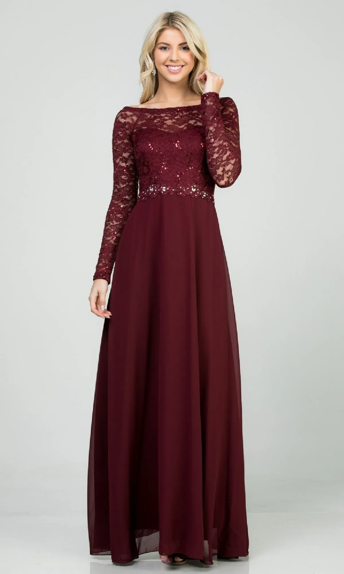 Long Sleeve Lace-Bodice Long A-Line Formal Dress sold by PromGirl product image thumbnail 3