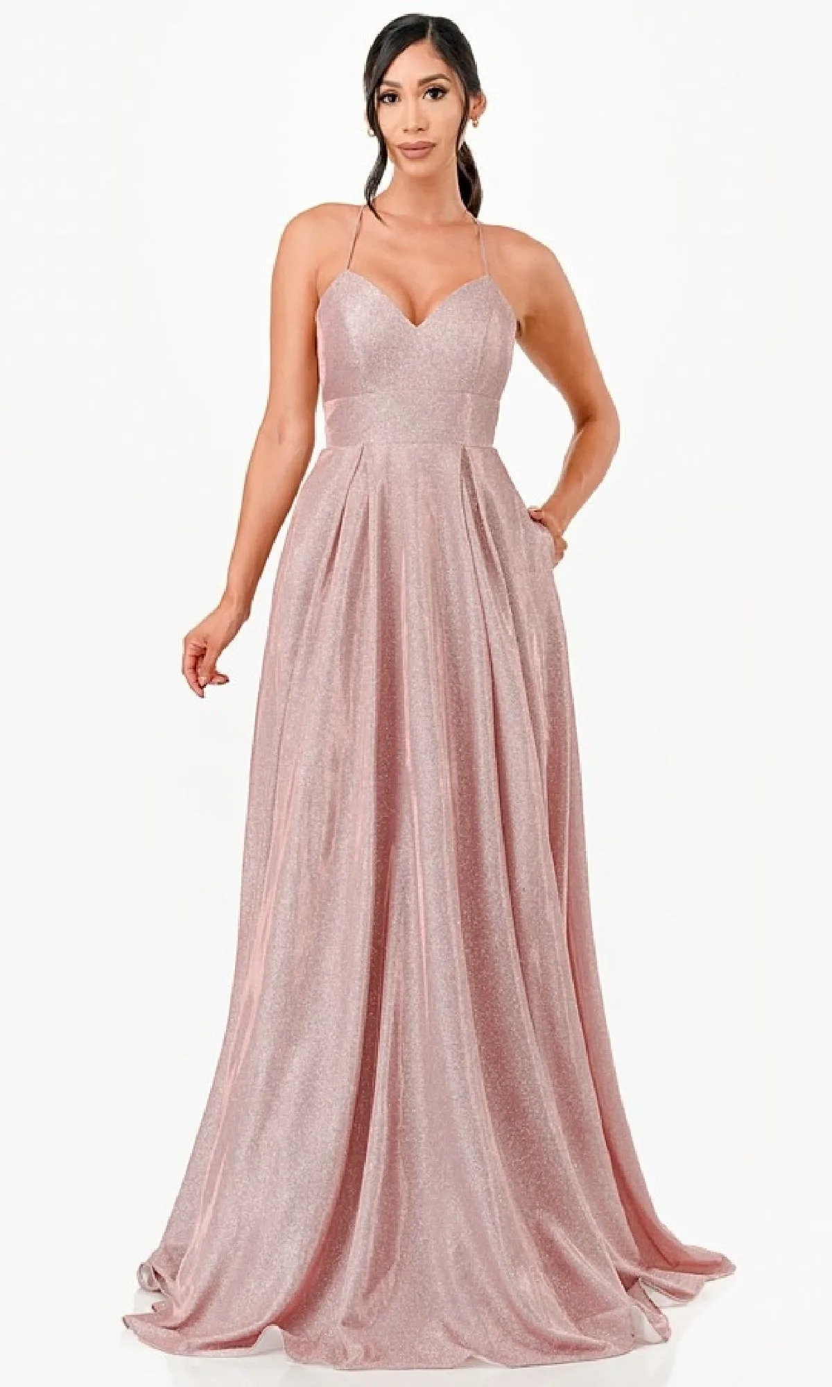 Strappy-Back Long A-Line Glitter Prom Dress 26018 sold by PromGirl product image thumbnail 4