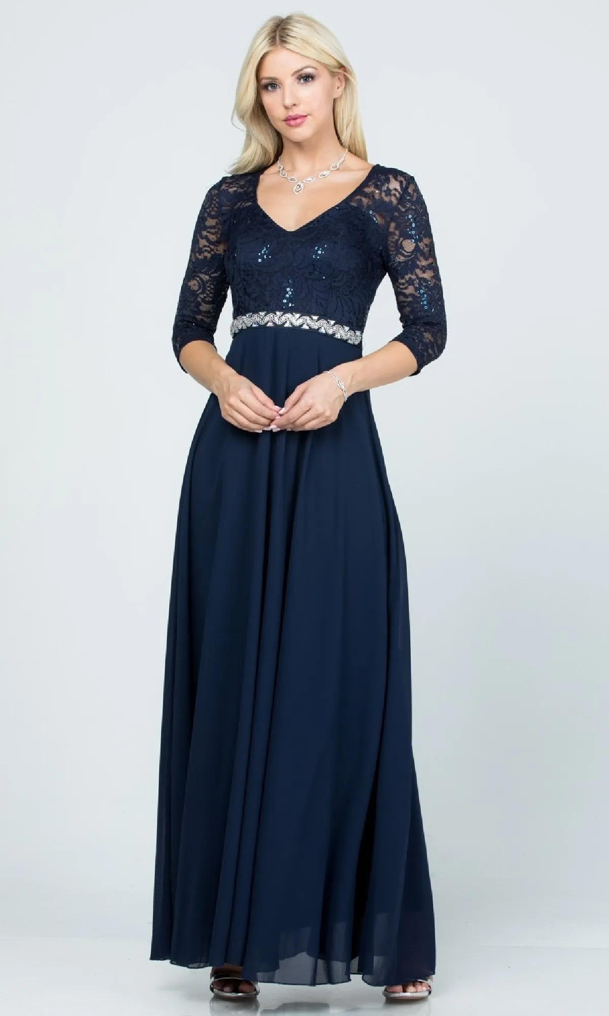Sleeved V-Neck Long A-Line Formal Dress 25434 sold by PromGirl product image thumbnail 4