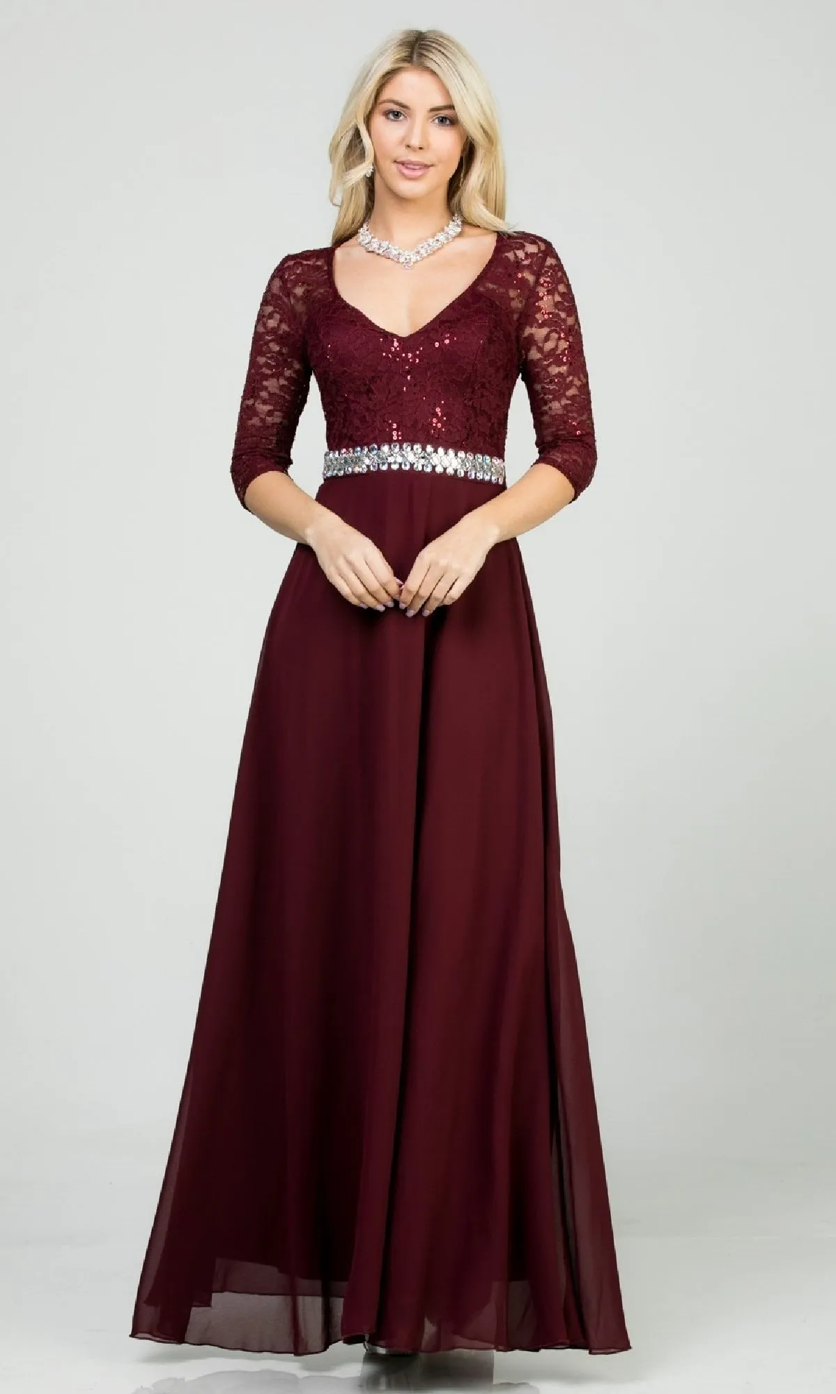 Sleeved V-Neck Long A-Line Formal Dress 25434 sold by PromGirl product image thumbnail 3