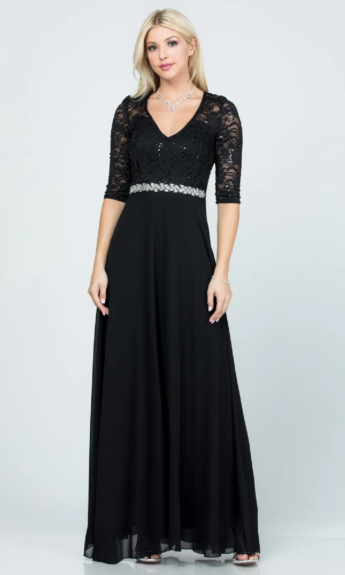 Sleeved V-Neck Long A-Line Formal Dress 25434 sold by PromGirl