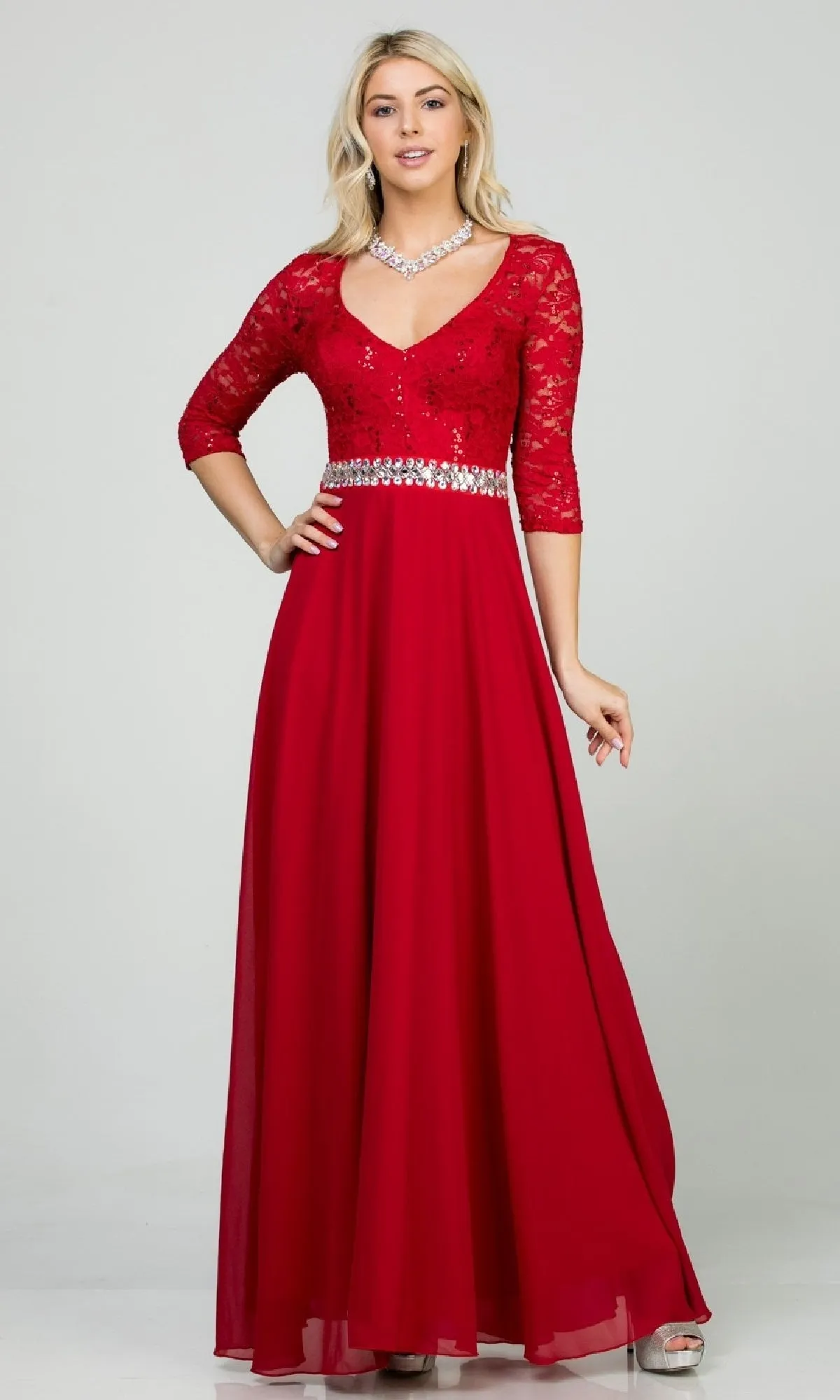 Sleeved V-Neck Long A-Line Formal Dress 25434 sold by PromGirl product image thumbnail 5