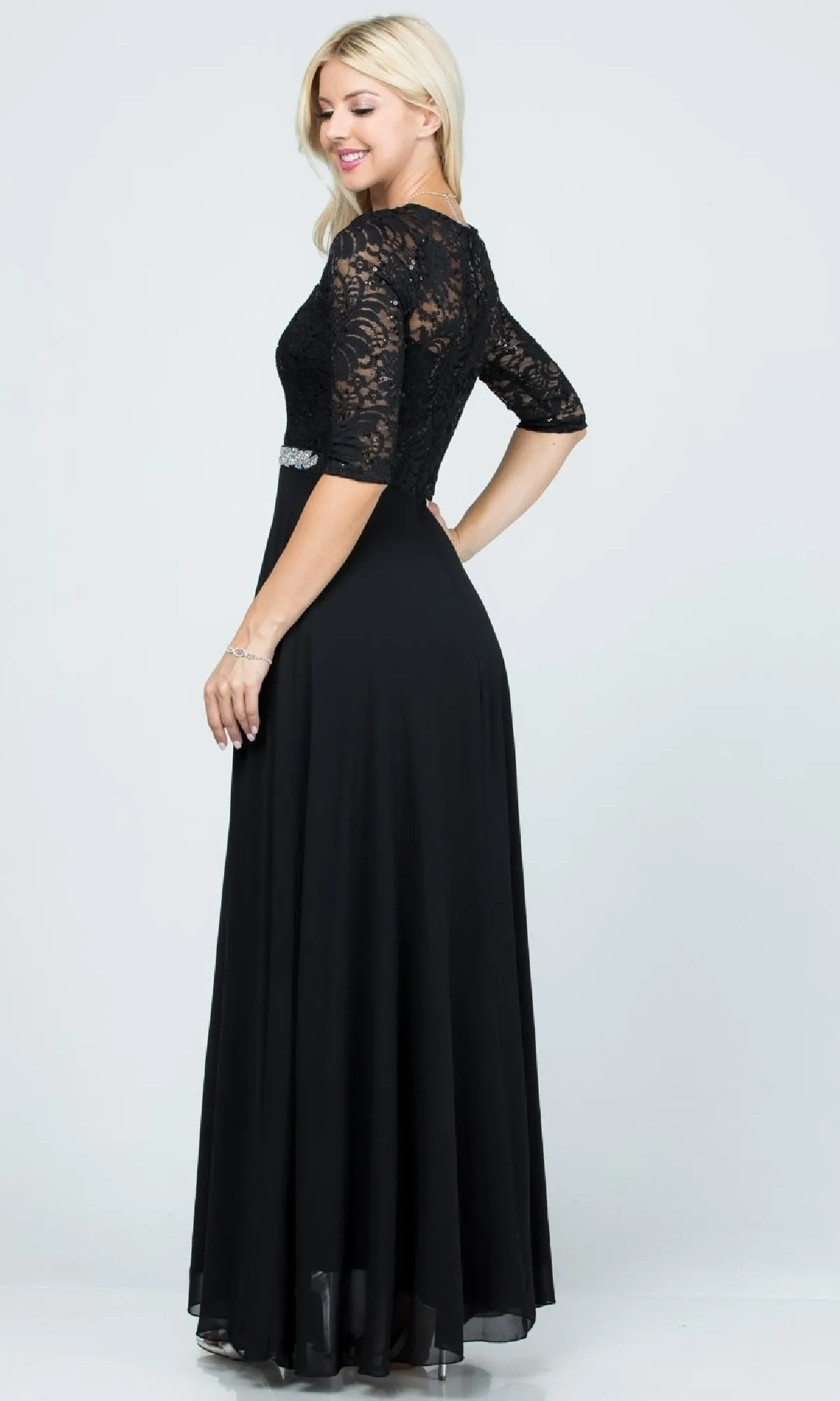 Sleeved V-Neck Long A-Line Formal Dress 25434 sold by PromGirl product image thumbnail 2