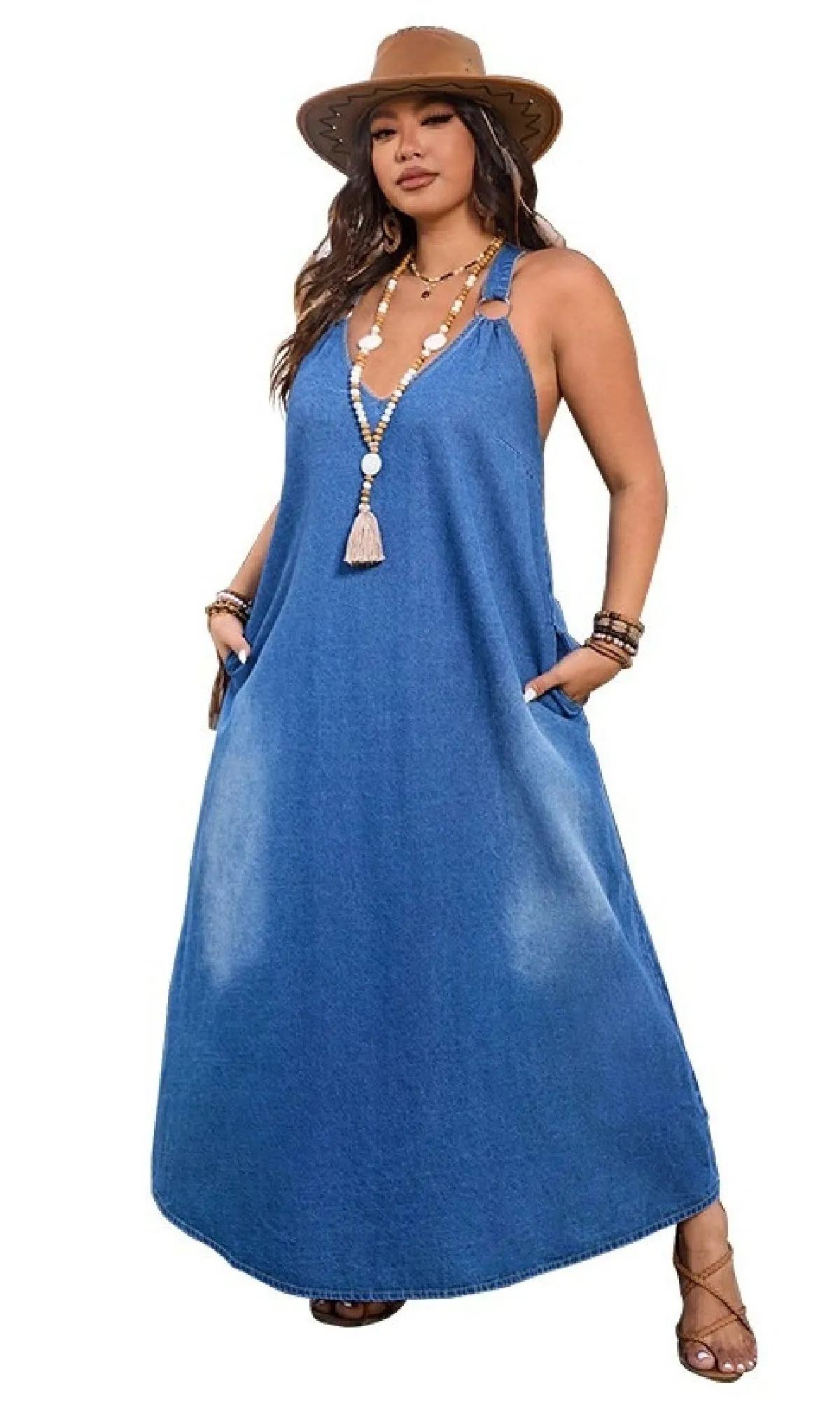 Casual Plus-Size Blue Denim Maxi Dress sold by PromGirl